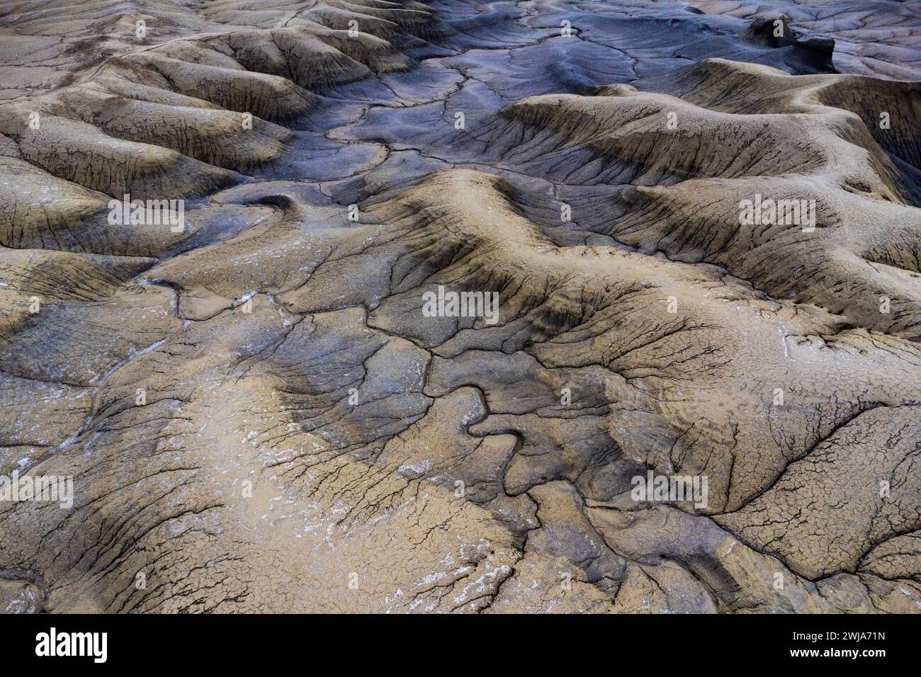 Foto dall'alto del deserto dello Utah con dettagli sull'erosione e creste testurizzate in tonalità terrose Foto Stock