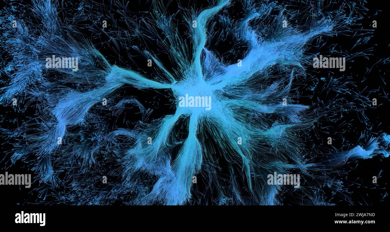 Un'immagine astratta che ricorda una struttura di neuroni che esplode in sfumature blu su uno sfondo nero intenso Foto Stock
