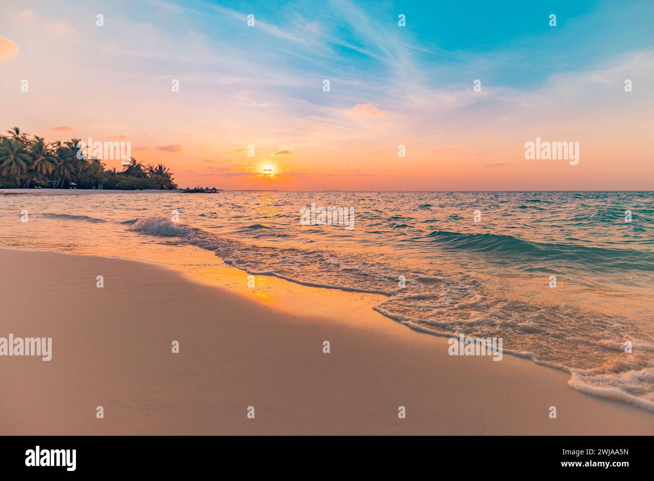 Splendida spiaggia tropicale al tramonto. Tranquille vacanze estive o paesaggi di vacanza. Spiaggia tropicale al tramonto, mare con palme e mare calmo Foto Stock