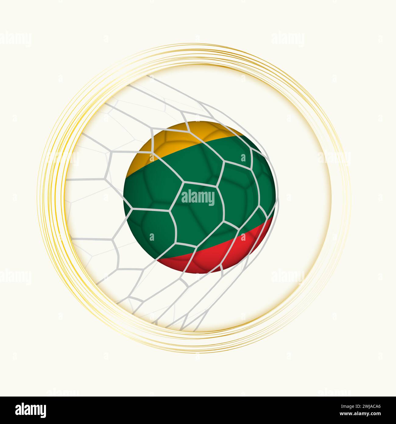 Gol della Lituania, simbolo astratto del calcio con illustrazione della palla lituana in rete da calcio. Illustrazione dello sport vettoriale. Illustrazione Vettoriale