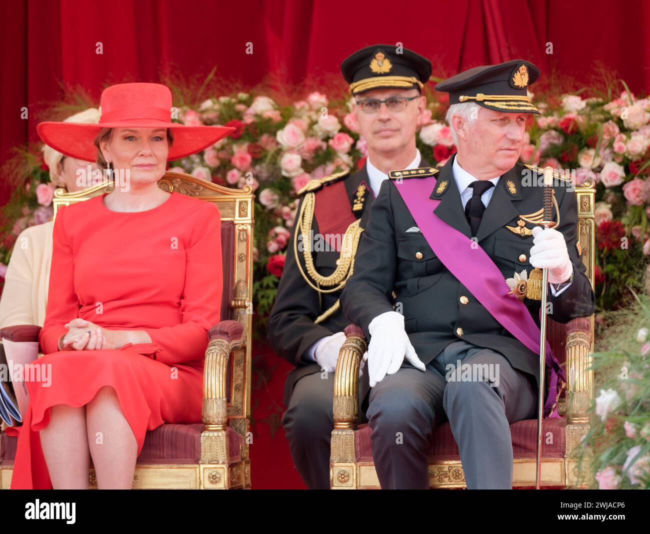 Belgio, Bruxelles: La famiglia reale belga in occasione della festa nazionale del 21 luglio 2023. Regina Matilde del Belgio e Re Filippo di B. Foto Stock