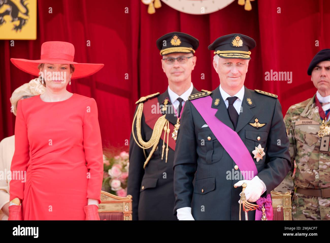 Belgio, Bruxelles: La famiglia reale belga in occasione della festa nazionale del 21 luglio 2023. Regina Matilde del Belgio e Re Filippo di B. Foto Stock