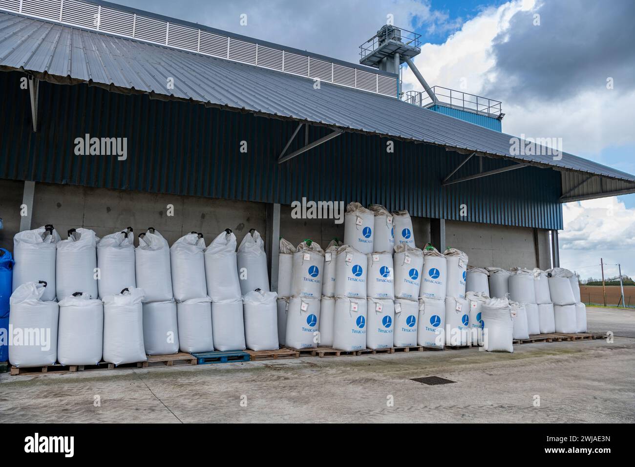 Stoccaggio di fertilizzanti Timac Agro per il trattamento delle colture agricole in una cooperativa di agricoltori: 600 kg di sacco grande. Concime azotato Azofertil Foto Stock