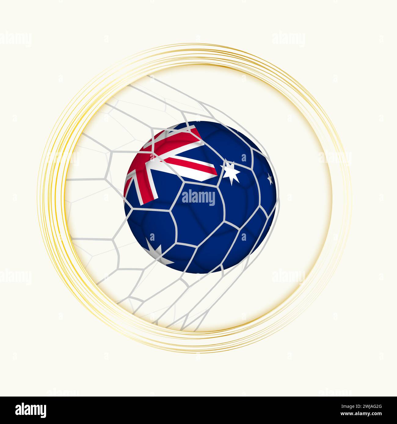 Gol Australia, simbolo astratto del calcio con illustrazione della palla australiana in rete da calcio. Illustrazione dello sport vettoriale. Illustrazione Vettoriale