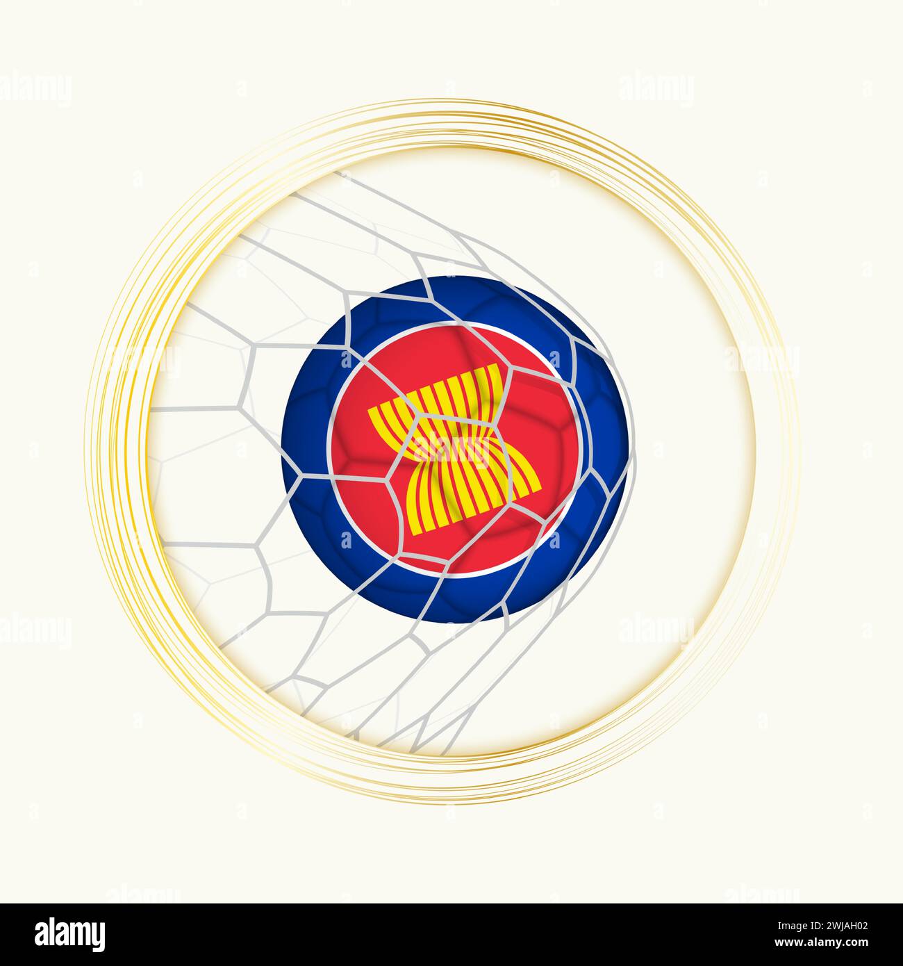 Gol ASEAN, simbolo astratto del calcio con illustrazione della palla ASEAN nella rete di calcio. Illustrazione dello sport vettoriale. Illustrazione Vettoriale