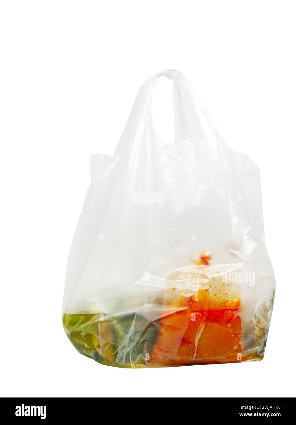Stile thailandese di confezionamento di cibo da asporto, cibo in sacchetti di plastica puliti e legato con fasce di gomma, sacchetti di cibo in un grande sacchetto di plastica con supporto, isol Foto Stock