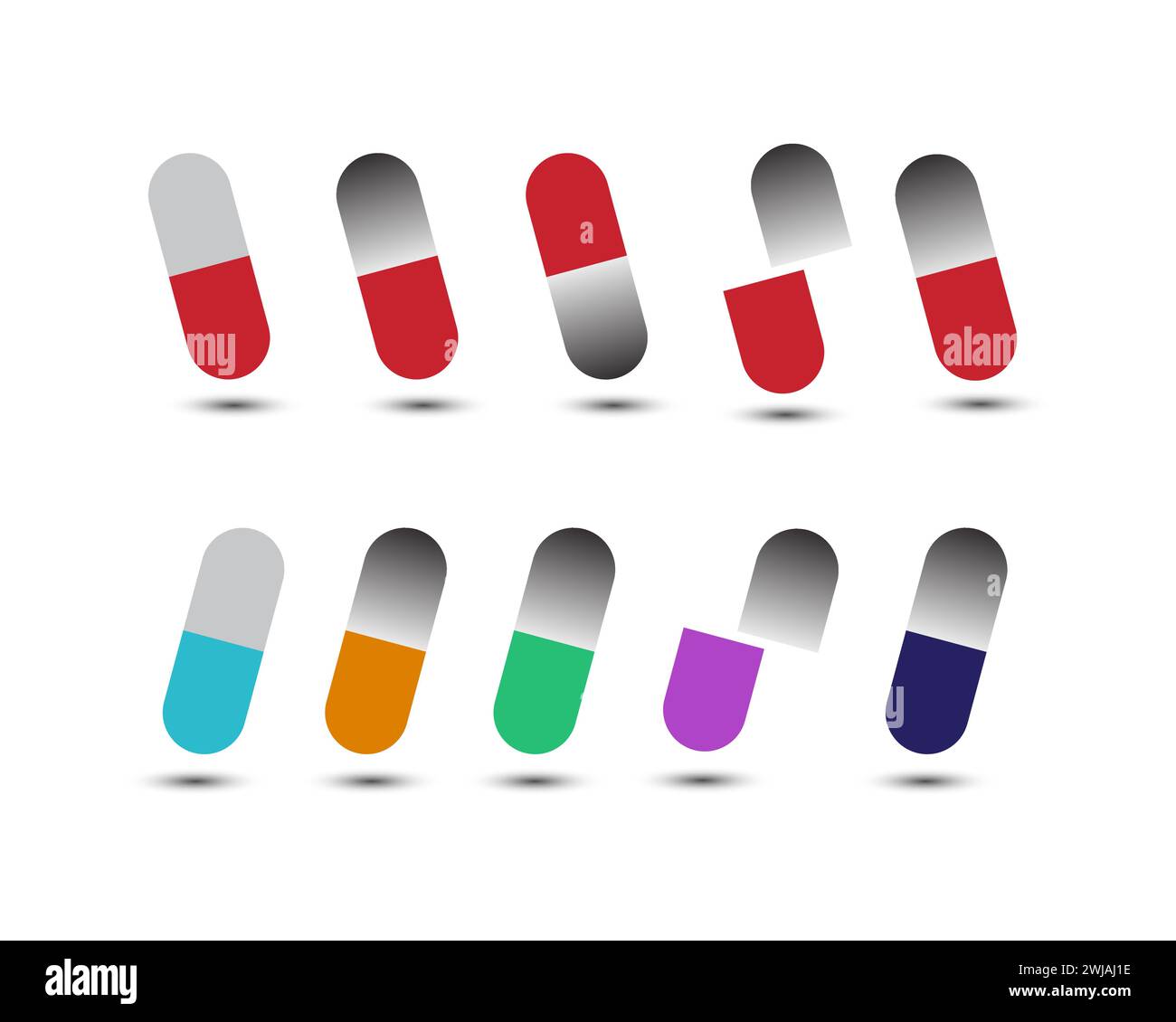 Capsule vettoriali di farmaci insieme icone medicamenti ed elementi di design farmaceutici. Illustrazione Vettoriale