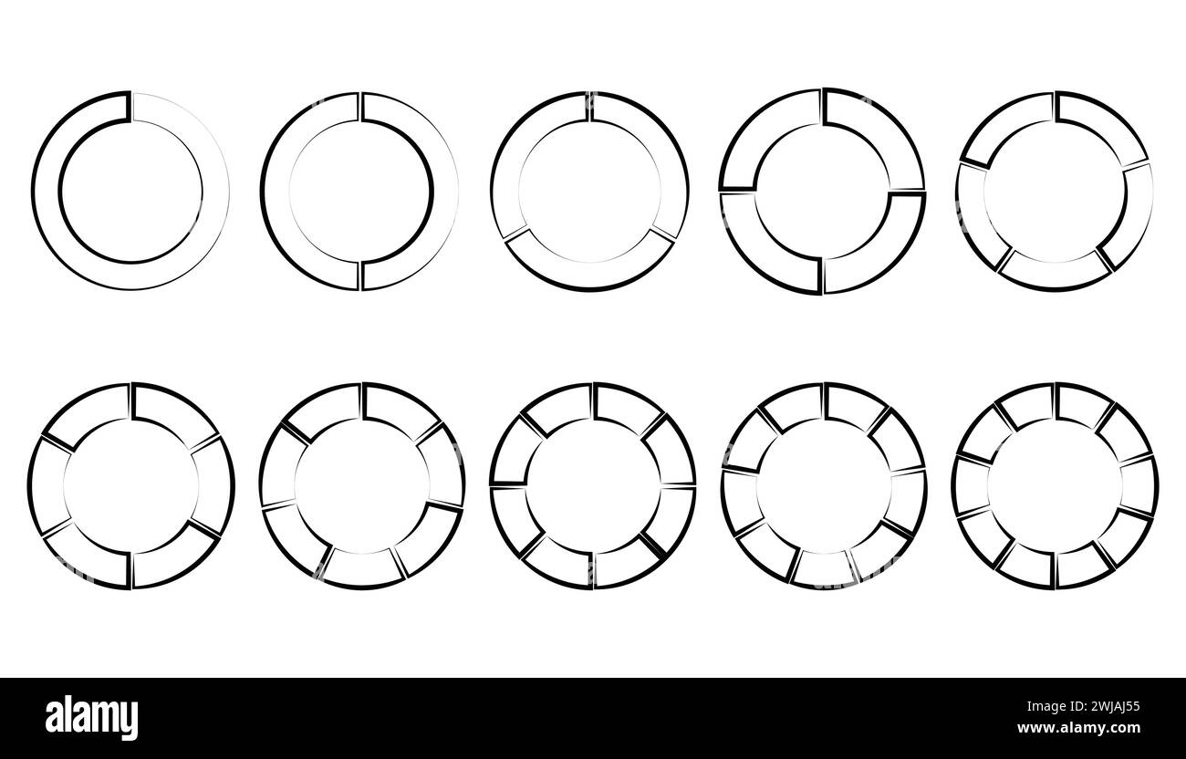 Set di diagrammi a torta con cerchi di colore diversi. Vari settori dividono il cerchio in parti uguali. Illustrazione Vettoriale