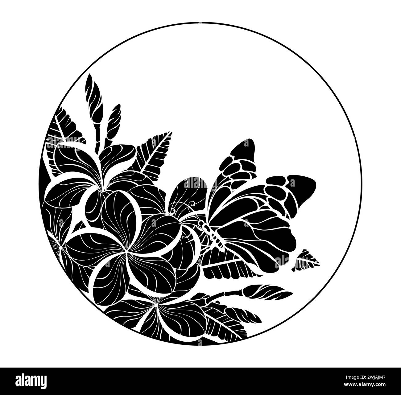 Monogramma rotondo con una farfalla sagomata e disegnata artisticamente, seduta su plumeria esotica in fiore. Silhouette plumeria. Illustrazione Vettoriale