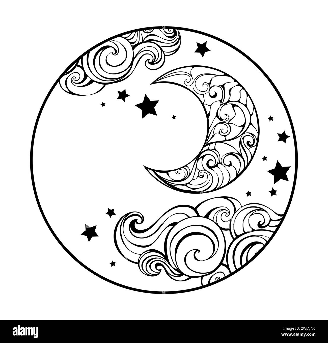 Monogramma rotondo con luna crescente disegnata artisticamente, nuvole e stelle su sfondo bianco. Mezzaluna a ripetizione. Illustrazione Vettoriale