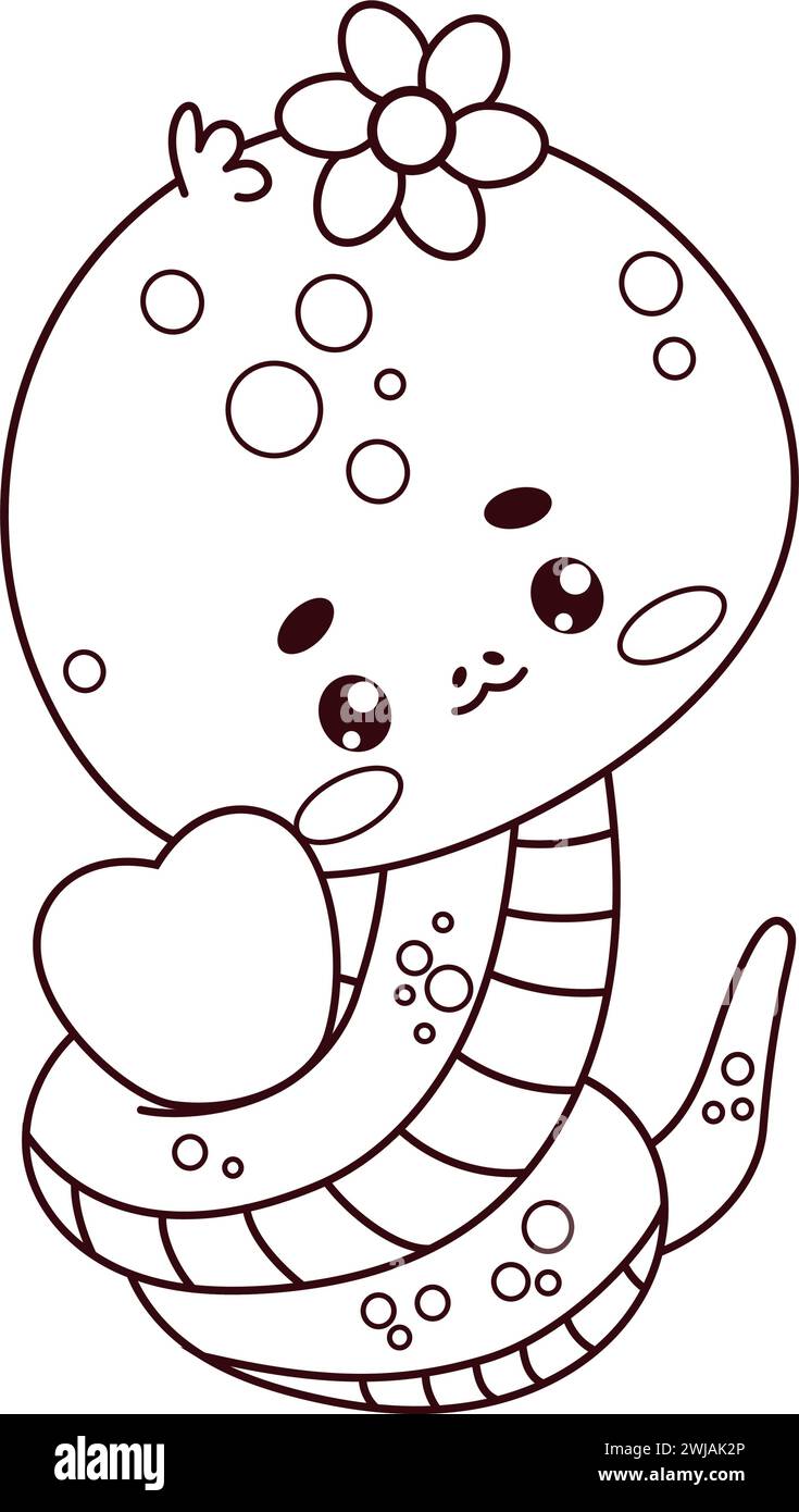 Carina ragazza serpente con cuore. Romantico carattere kawaii rettili. Disegno al tratto, libro da colorare. Illustrazione vettoriale con cartoni animati serpente d'amore. Collec. Bambini Illustrazione Vettoriale