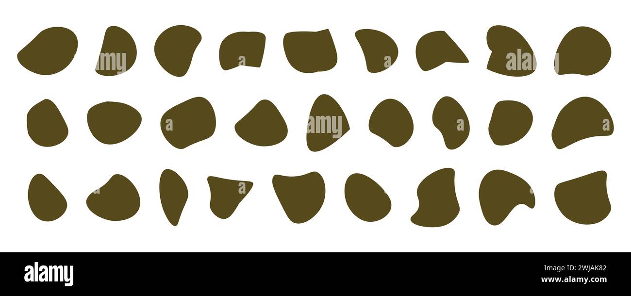 Set organico di forma irregolare Blob, forme semplici nere casuali. Sagome in pietra di ciottoli e inchiostro. Illustrazione Vettoriale
