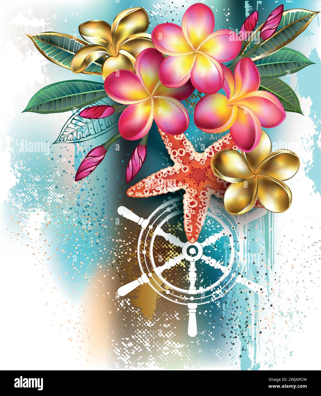 Fiori plumeria in fiore rosa e oro con stelle marine rosse su pittoresco sfondo blu con macchie di vernice blu e bianca. Plumeri in fiore Illustrazione Vettoriale