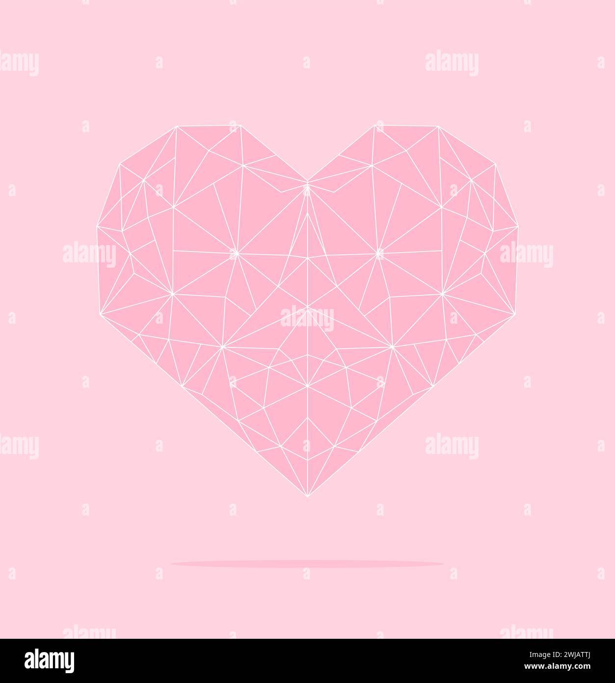 Cuore poligonale rosa con linee bianche su sfondo rosa pastello, illustrazione vettoriale piatta Illustrazione Vettoriale