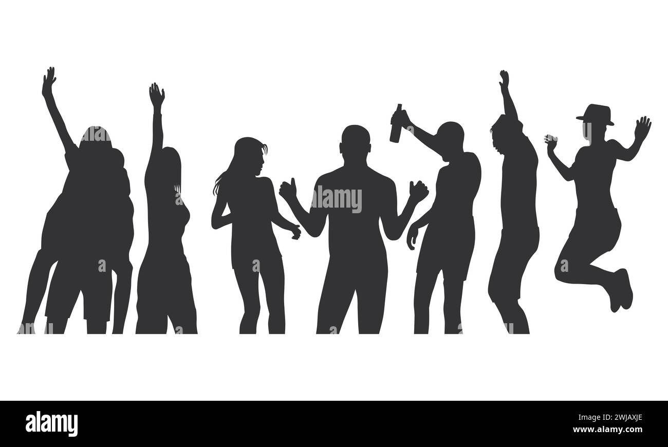 Sagome di persone felici che celebrano e ballano. Gente che festeggia e beve. Folla allegra e divertimento. Illustrazione Vettoriale