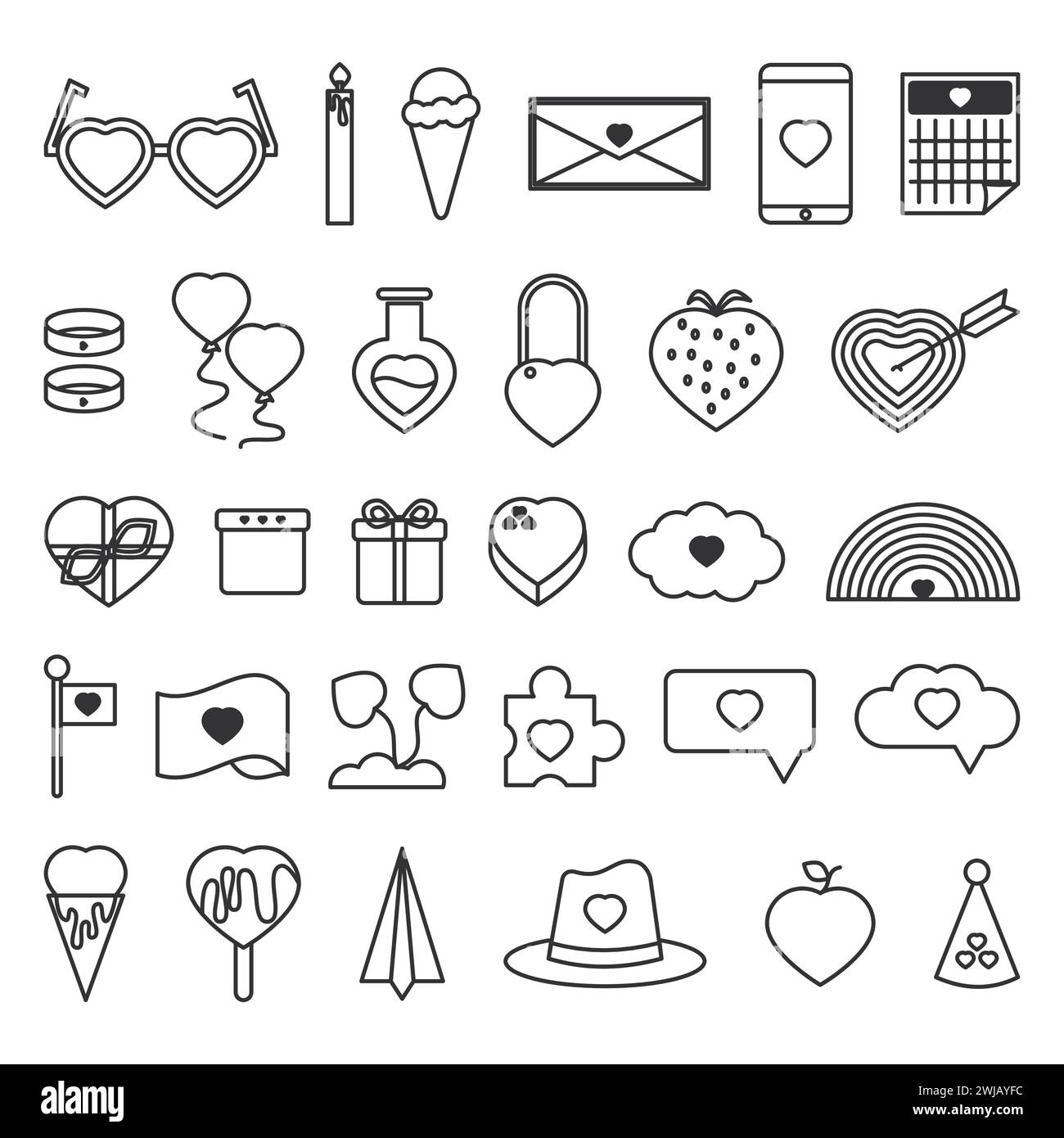 Presentazione della raccolta delle icone degli elementi di San Valentino. I tratti neri includono bicchieri, candele, gelati, buste, telefoni cellulari, calendari, anelli, bollature. Illustrazione Vettoriale