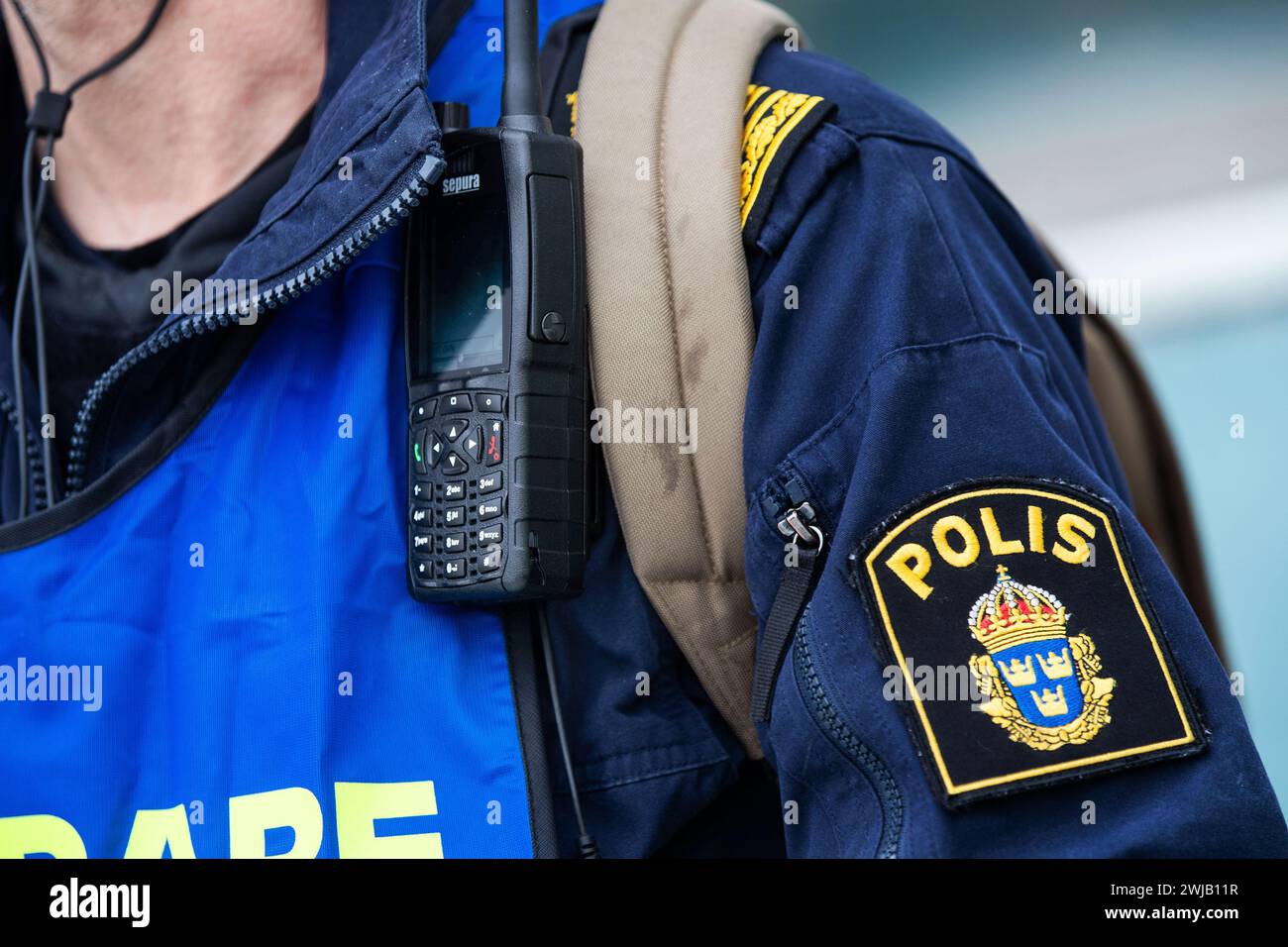 Polizia svedese, un agente di polizia svedese, un istruttore di polizia durante un esercizio di polizia. Foto Stock