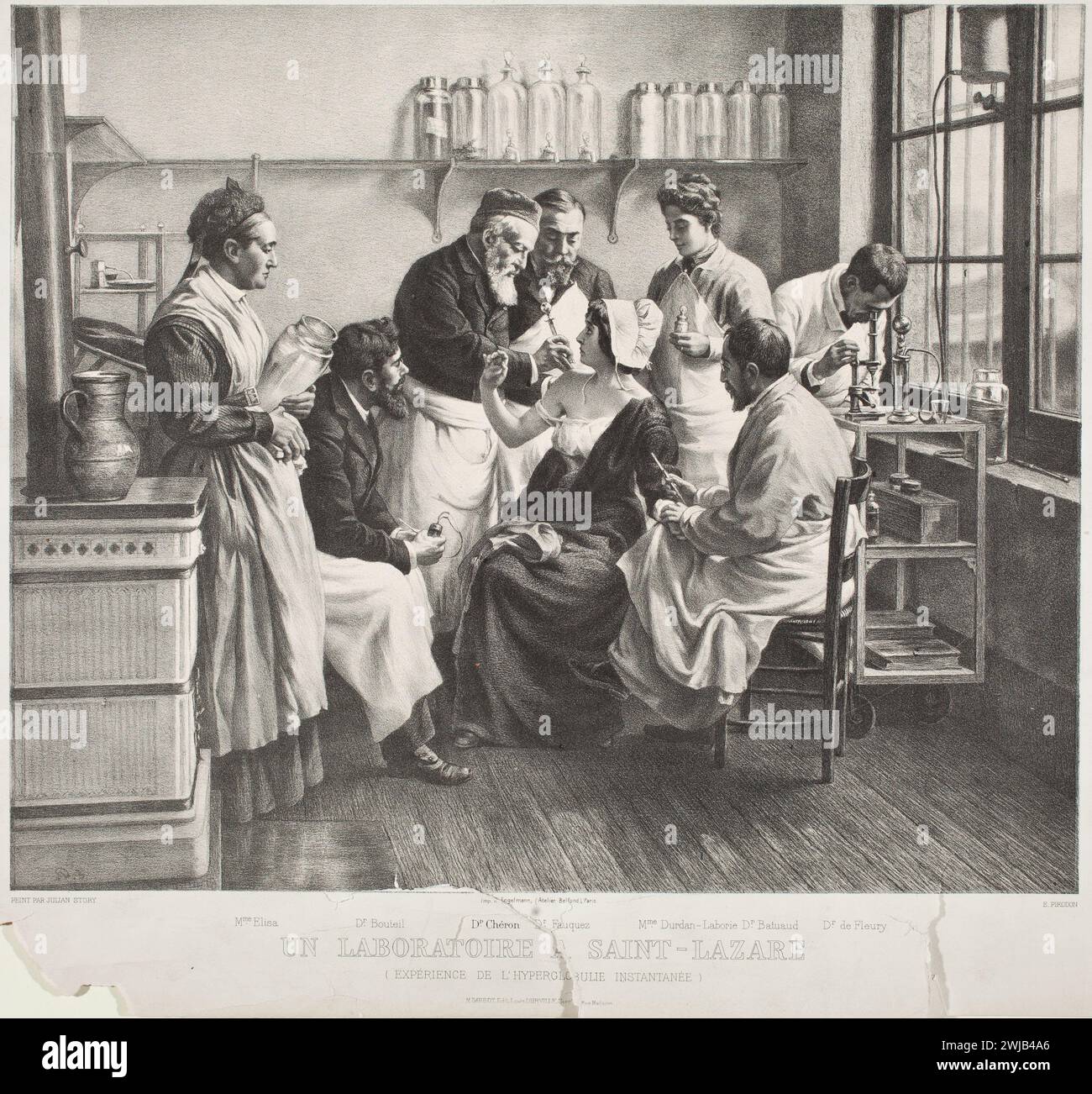 Un laboratoire à Saint-Lazare (expérience de l'hyperglobulie instantanée) stampa di Feyen-Perrin, Francesco Nicolas-Augustinm 1864. Stampa medica vintage che mostra un gruppo di medici che curano una paziente femminile Foto Stock