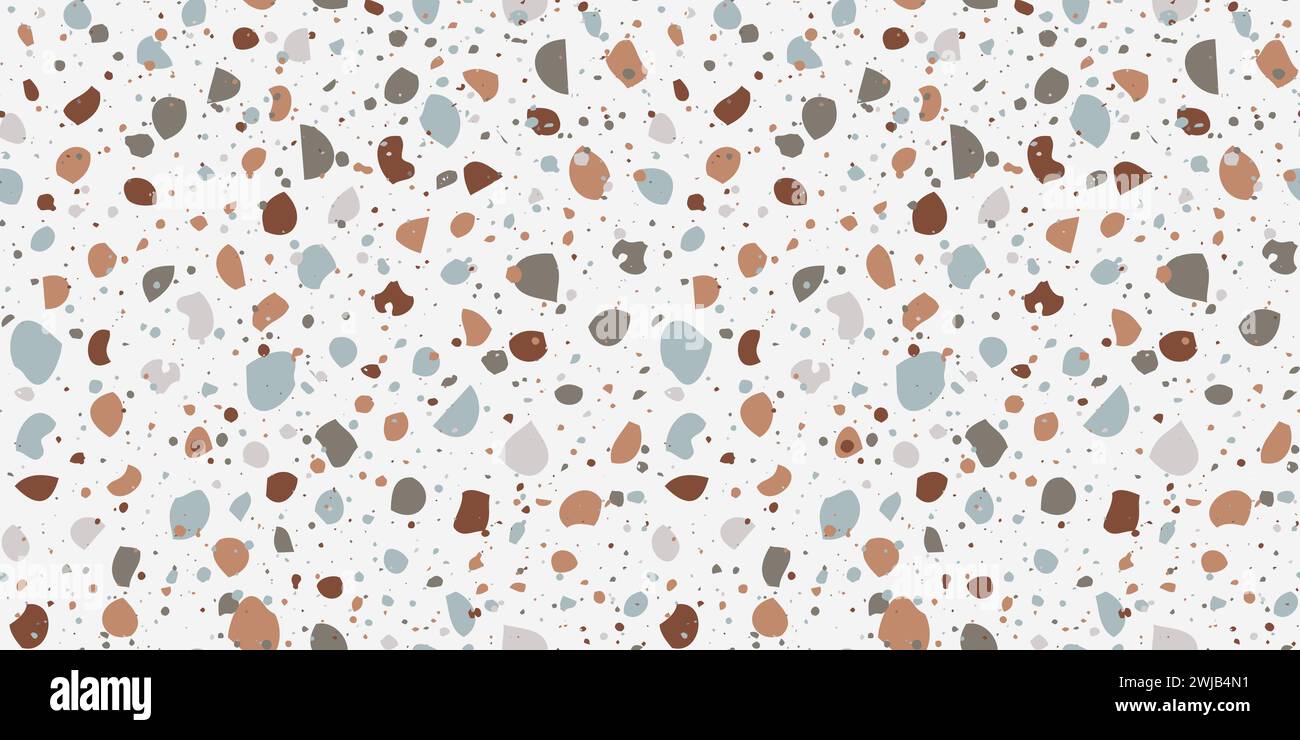 Motivo terrazzo senza cuciture in colori pastello neutri. Piccole rocce colorate casuali su sfondo beige. Texture realistica del classico pavimento italiano Illustrazione Vettoriale