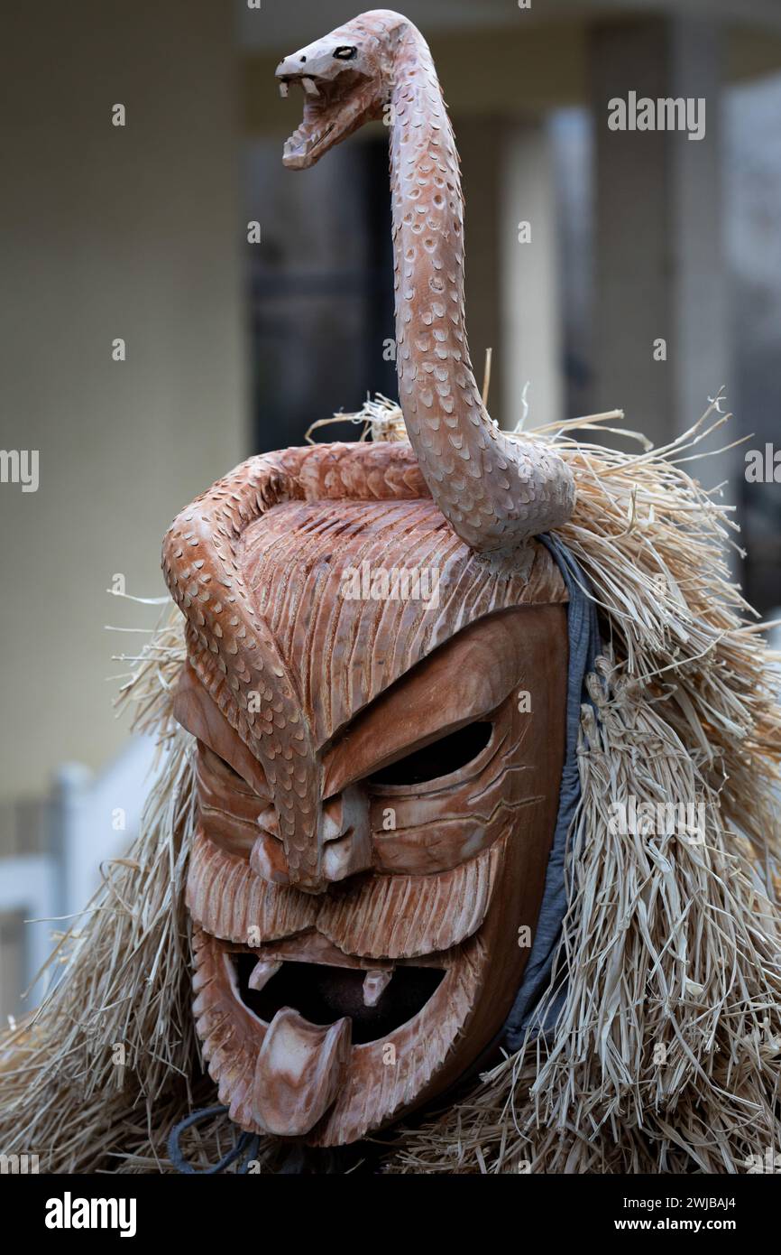 Lamego, Portogallo. 13 febbraio 2024. Careto posa per la foto durante il carnevale di Lazarim. I costumi di Carnevale prendono parte a Entrudo a Lazarim, una piccola cittadina del comune di Lamego, nel nord del Portogallo. È conosciuto per le sue maschere diaboliche e misteriose chiamate Caretos, fatte di legno, ed è considerato uno dei carnevali più tradizionali del Portogallo, il 13 febbraio 2024 a Lamego, in Portogallo. (Foto di Rita Franca/SOPA Images/Sipa USA) credito: SIPA USA/Alamy Live News Foto Stock