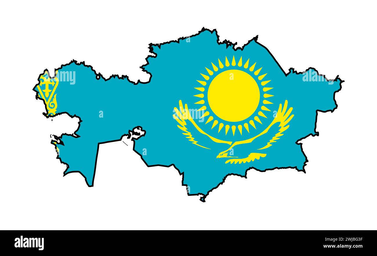Profilo nero mappa sagomata del Kazakistan isolata su uno sfondo bianco con l'inserto della bandiera nazionale Foto Stock
