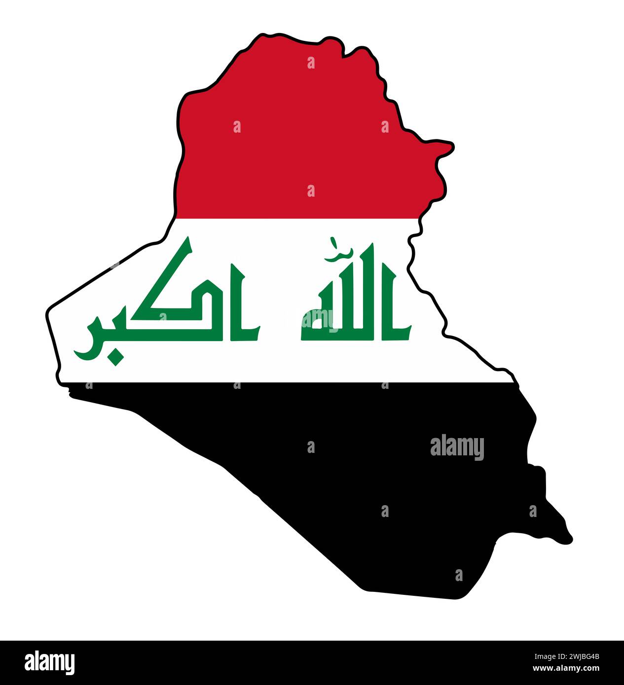 Mappa delineata del paese iracheno della Lega araba sulla bandiera nazionale Foto Stock