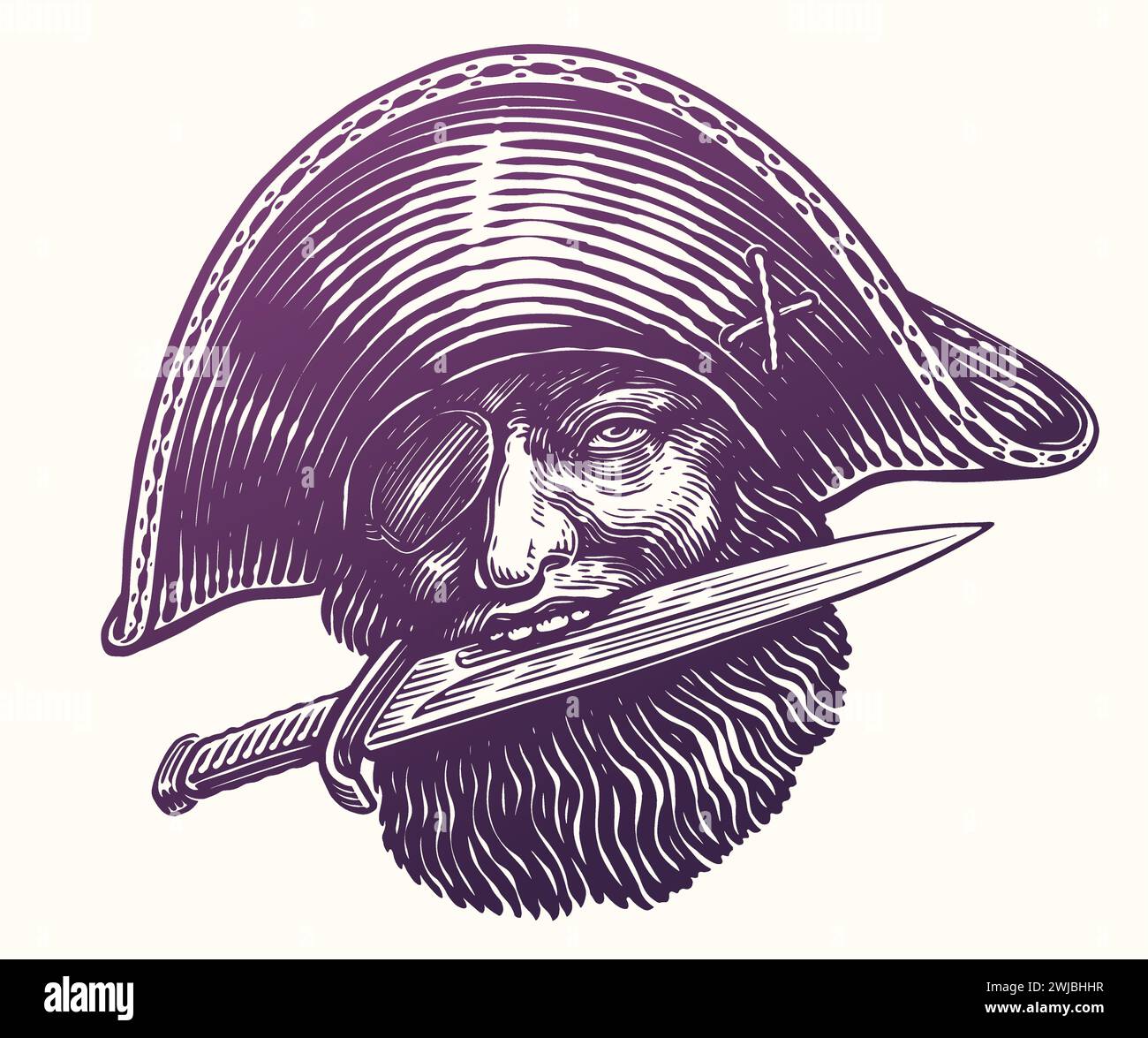 Pirata con pugnale nei denti. Capitano di mare dell'anca in cappello con coltello. Illustrazione vettoriale vintage disegnata a mano Illustrazione Vettoriale