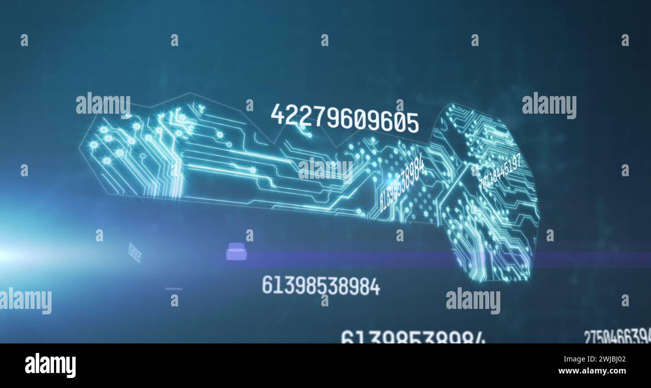 Immagine dei numeri che elaborano su una scheda a circuito stampato del computer illuminata su sfondo blu Foto Stock