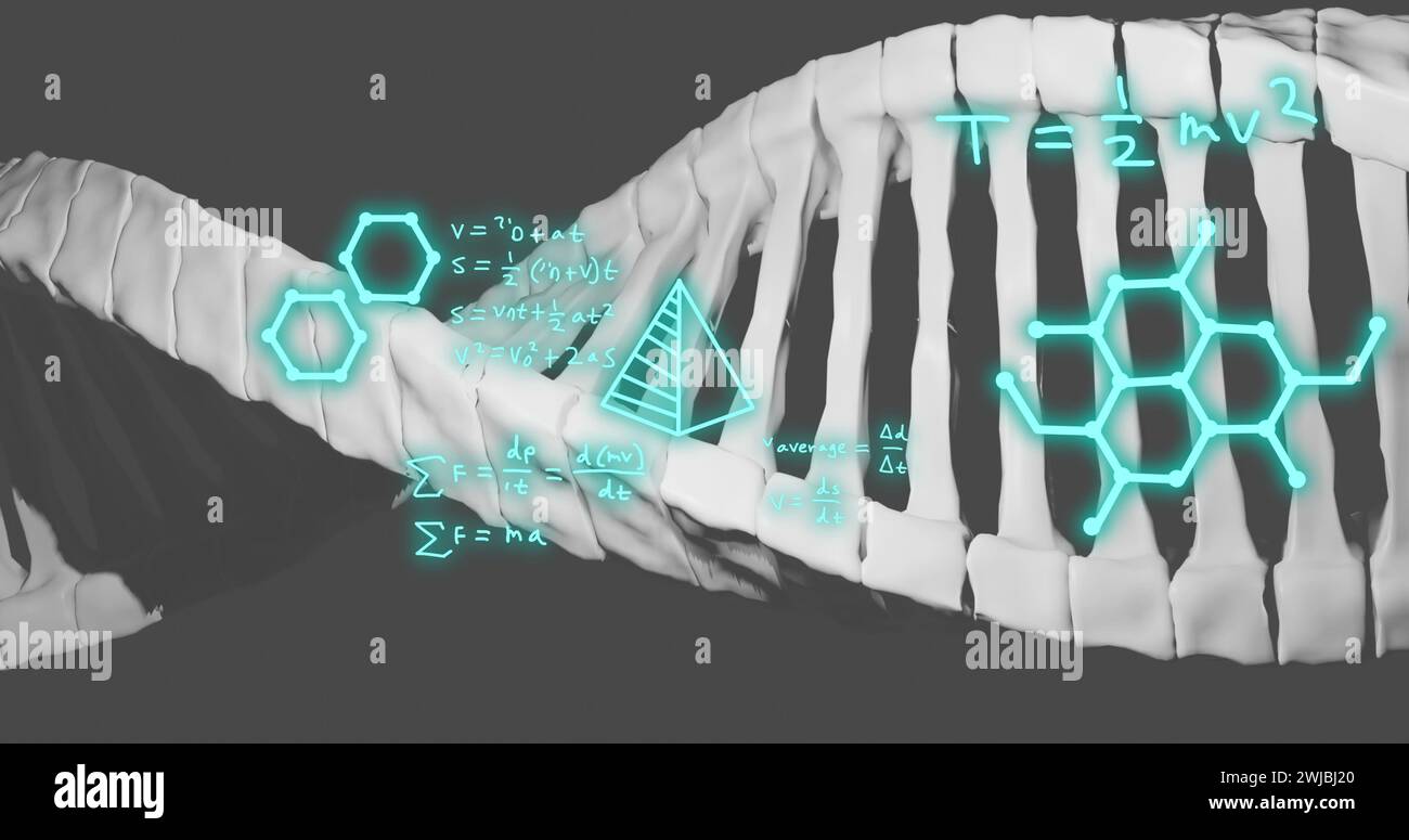 Immagine del filamento di dna, formule matematiche ed elaborazione di dati scientifici su sfondo grigio Foto Stock