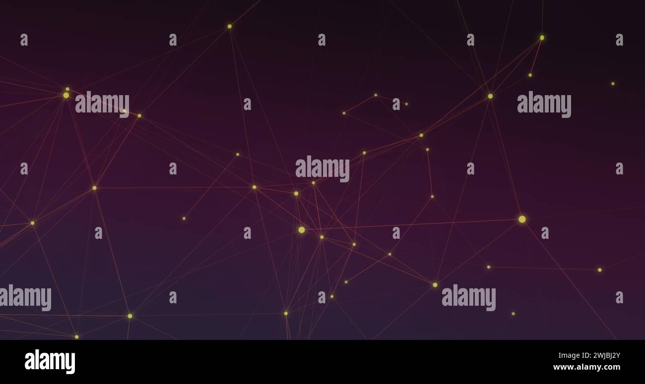 Immagine digitale di una rete luminosa di connessioni in movimento su sfondo viola Foto Stock
