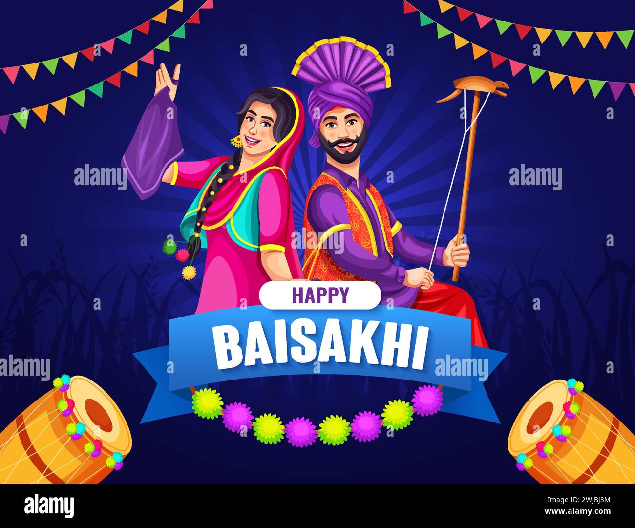 Vettoriale della celebrazione di Happy Baisakhi, biglietto d'auguri, biglietto d'invito e festival del modello di design di striscioni del Punjab India Illustrazione Vettoriale