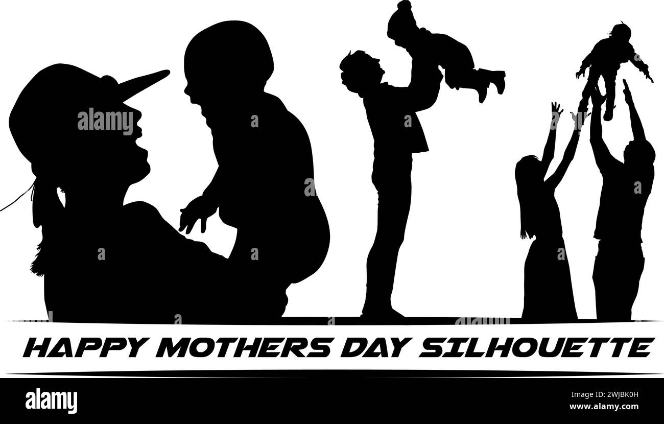 Happy Mothers Day Vector silhouette. Mamma che tiene il bambino sulle mani, mamma che solleva il bambino in aria, papà solleva il bambino in aria Illustrazione Vettoriale