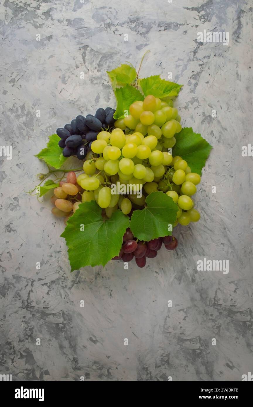 Grappolo di uva verde matura con vista dall'alto delle foglie. Sfondo di uva di frutta con spazio di copia per la progettazione. Concetto di agricoltura e vinificazione. Un mucchio di gra Foto Stock