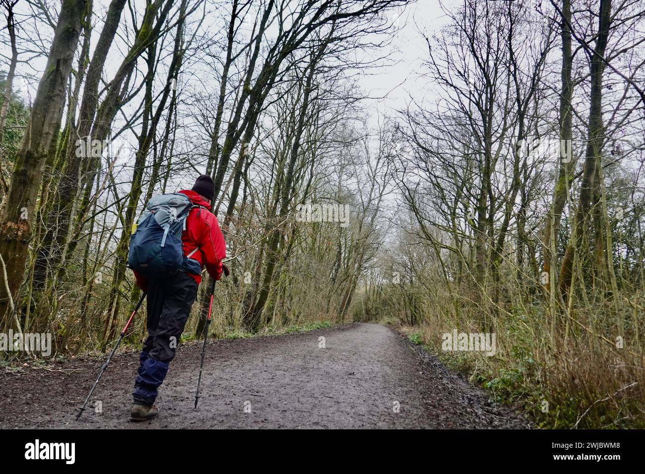 Un uomo con uno zaino cammina sul Sett Valley Trail da New Mills a Hayfield, Derbyshire Foto Stock
