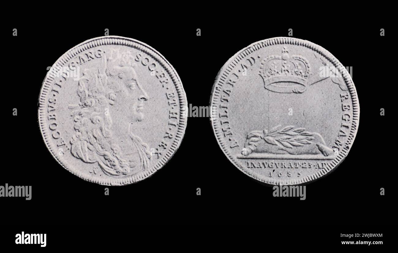 Medaglia d'incoronazione di Giacomo II, 1685. Black and White Illustration from the Connoisseur, an Illustrated Magazine for Collectors Voll 3 (maggio-agosto 1902) pubblicato a Londra. Foto Stock