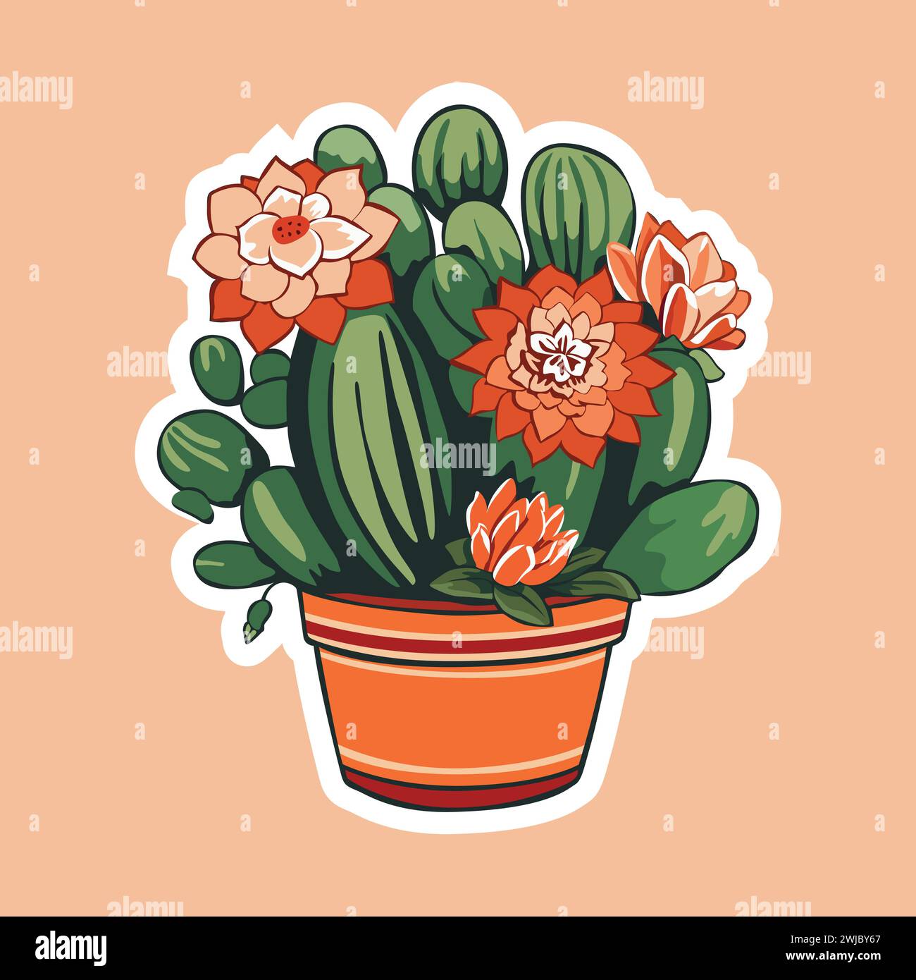 Cactus Bloom. Illustrazione grafica vettoriale di Cactus con fiori in vaso, che celebra la bellezza e la crescita del deserto. Illustrazione Vettoriale