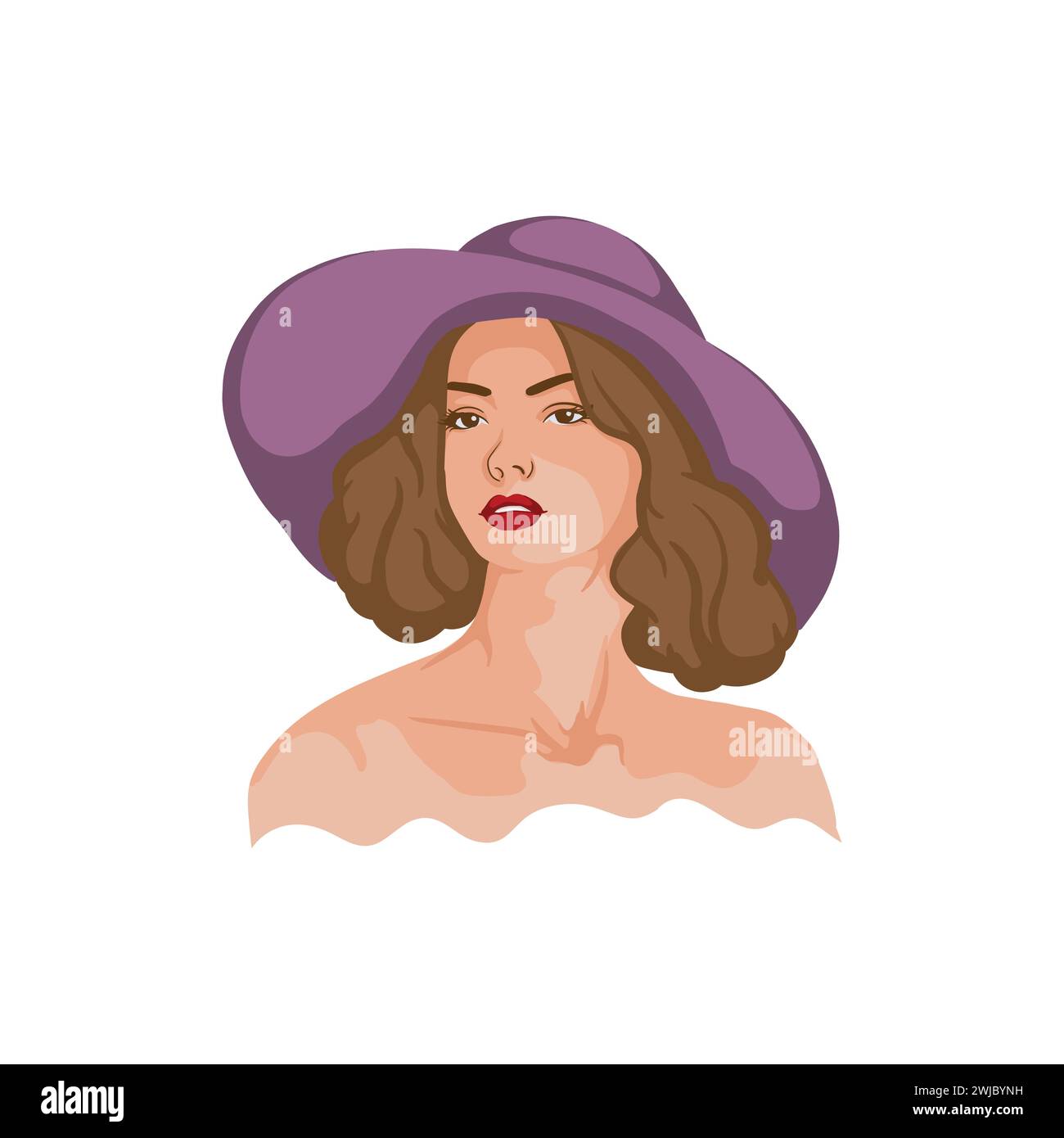 Ritratto di una bella donna alla moda con spalle nude e un cappello. Illustrazione Vettoriale