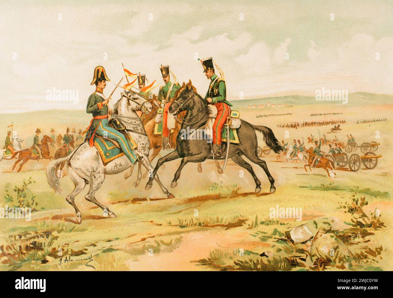 Storia della Spagna. Battaglia di Torrejón de Ardoz (22 luglio 1843). Lotta tra le truppe del generale Antonio Seoane (1790-1862), inviate dal generale Baldomero Espartero, e le truppe del generale Ramón Narváez (1799-1868), per determinare quale dei due sarebbe stato il nuovo presidente del governo spagnolo. Seoane fu sconfitto. Illustrazione di J. Alaminos. Cromolitografia. "Historia de la Guerra Civil y de los Partidos Liberal y Carlista" (storia della guerra civile e dei partiti liberali e carlisti). Volume III 1891. Foto Stock