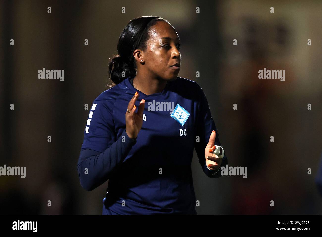 Dartford, Regno Unito. 14 febbraio 2024. Dartford, Kent, 14 febbraio 2024: Danielle Carter (18 London City Lionesses) durante la partita di calcio della Continental Tyres League Cup tra London City Lionesses e Arsenal al al Princes Park di Dartford, Inghilterra. (James Whitehead/SPP) credito: SPP Sport Press Photo. /Alamy Live News Foto Stock
