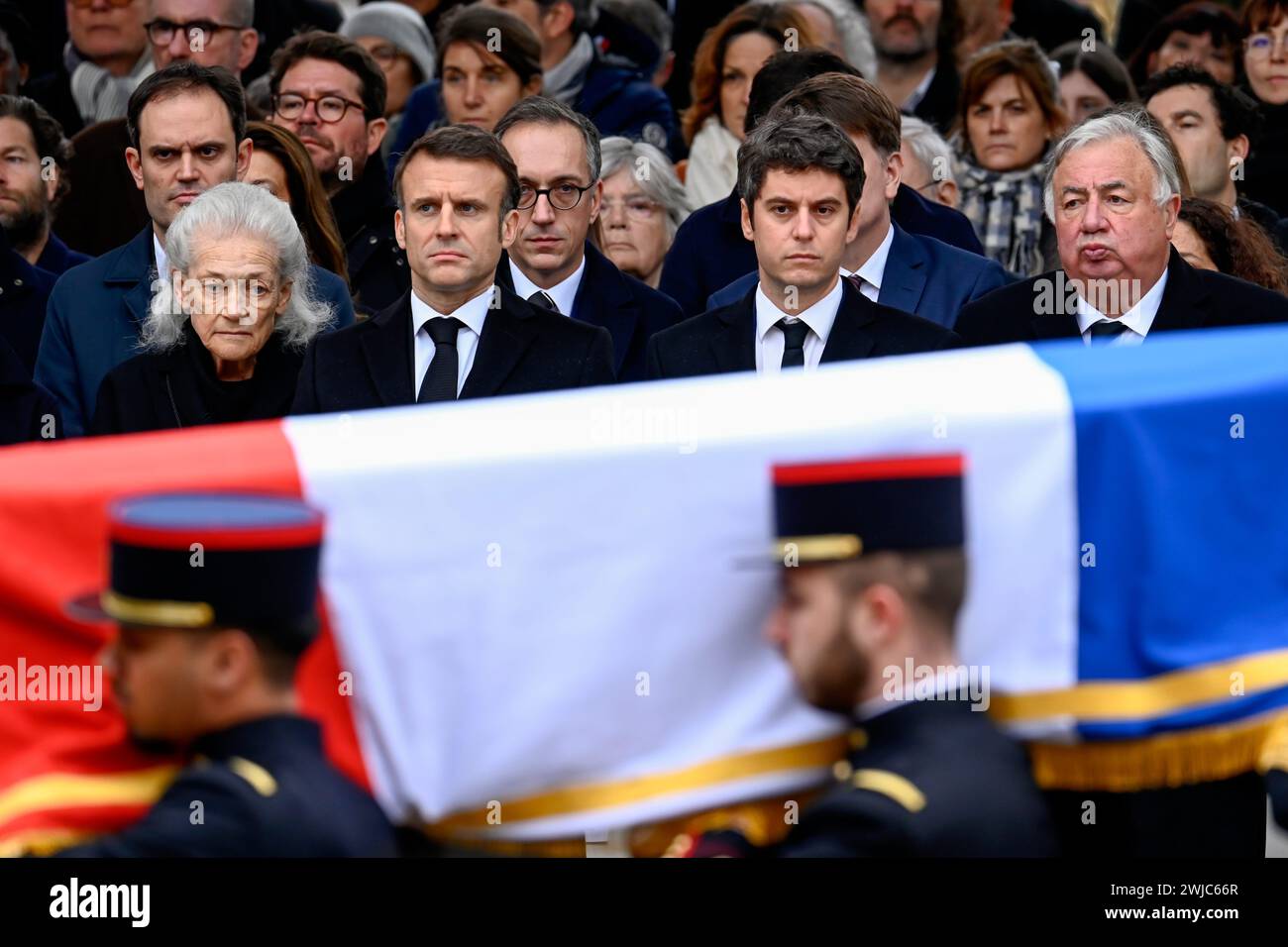 Parigi, Francia. 14 febbraio 2024. © Julien Mattia/le Pictorium/MAXPPP - Parigi 14/02/2024 Julien Mattia/le Pictorium - 14/02/2024 - Francia/Ile-de-France/Parigi - Ceremonie d'hommage National a Robert Badinter sur la Place Vendome, a Paris, le 14 Fevrier 2024 - Valeurs ACtuelles Out, JDD Out, No JDD, no russia, russia OUT/14/02/2024 - Francia/Ile-de-France (regione)/Parigi - omaggio nazionale a Robert Badinter a Place Vendome, Parigi, 14 febbraio 2024 credito: MAXPPP/Alamy Live News Foto Stock