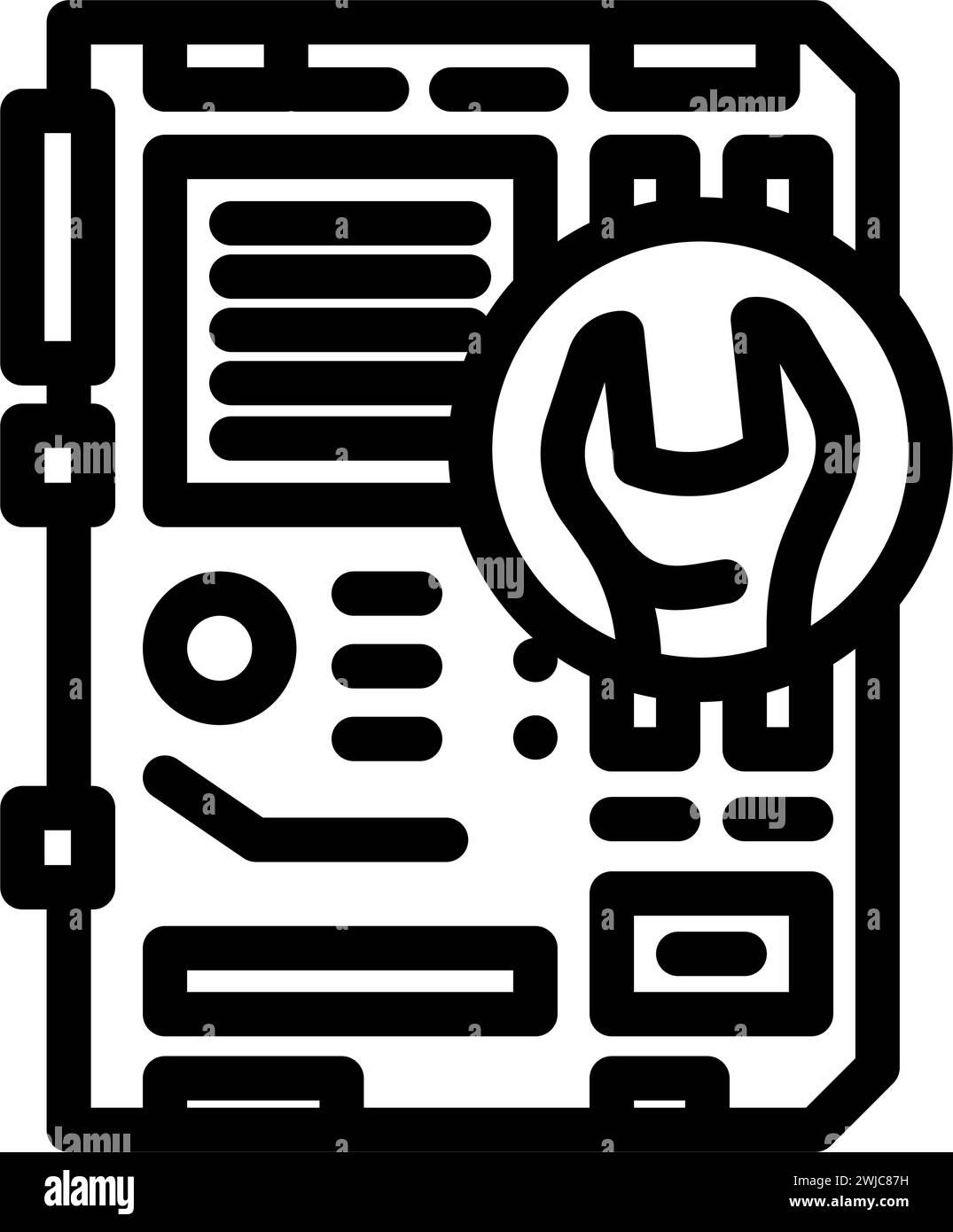 illustrazione del vettore dell'icona della linea del computer di riparazione della scheda madre Illustrazione Vettoriale