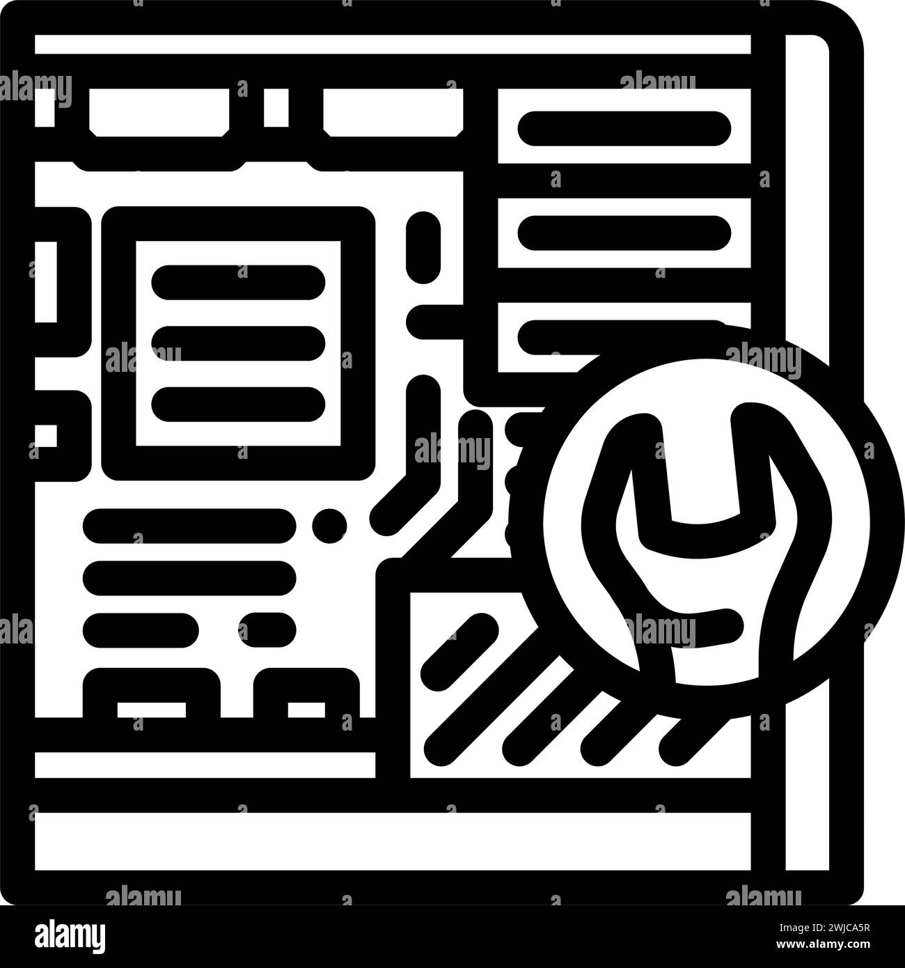 vettore icona riga riparazione manutenzione computer. cartello riparazione manutenzione computer. illustrazione nera del simbolo del contorno isolato Illustrazione Vettoriale