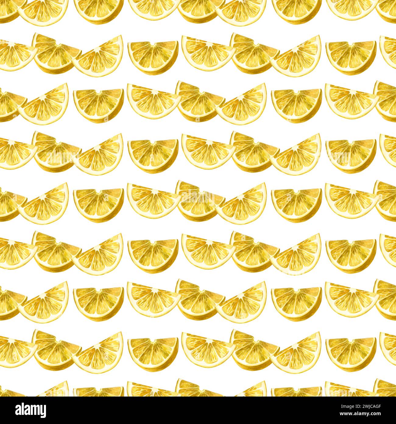 Motivo acquerello. Fette di limone gialle disegnate a mano in acquerello su sfondo bianco. Adatto per la stampa su tessuto e carta, per la cucina Foto Stock