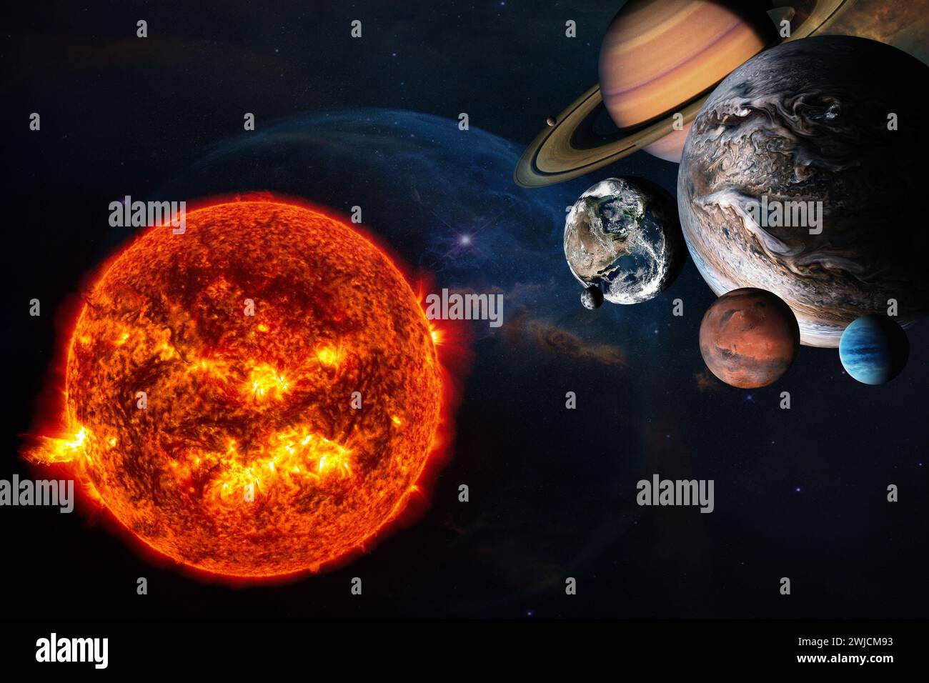 Pianeti del sistema solare con Sole e stelle. Elementi di questa immagine forniti dalla NASA. Foto Stock