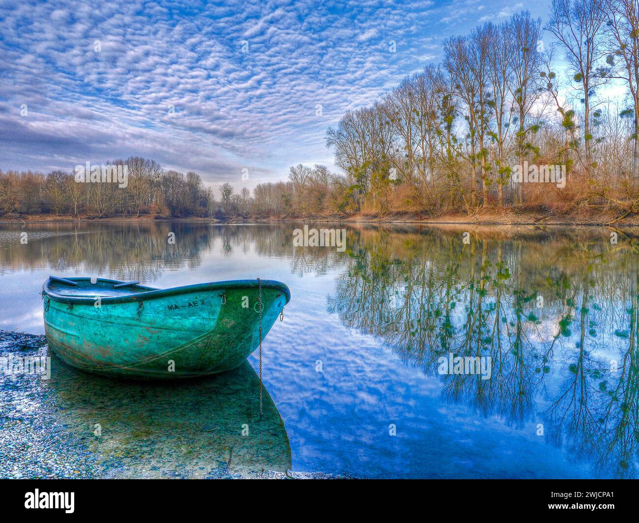 Riflessione sul Vecchio Reno, chiatta, cielo nuvoloso, Misteln, Baden-Wuerttemberg, Germania Foto Stock