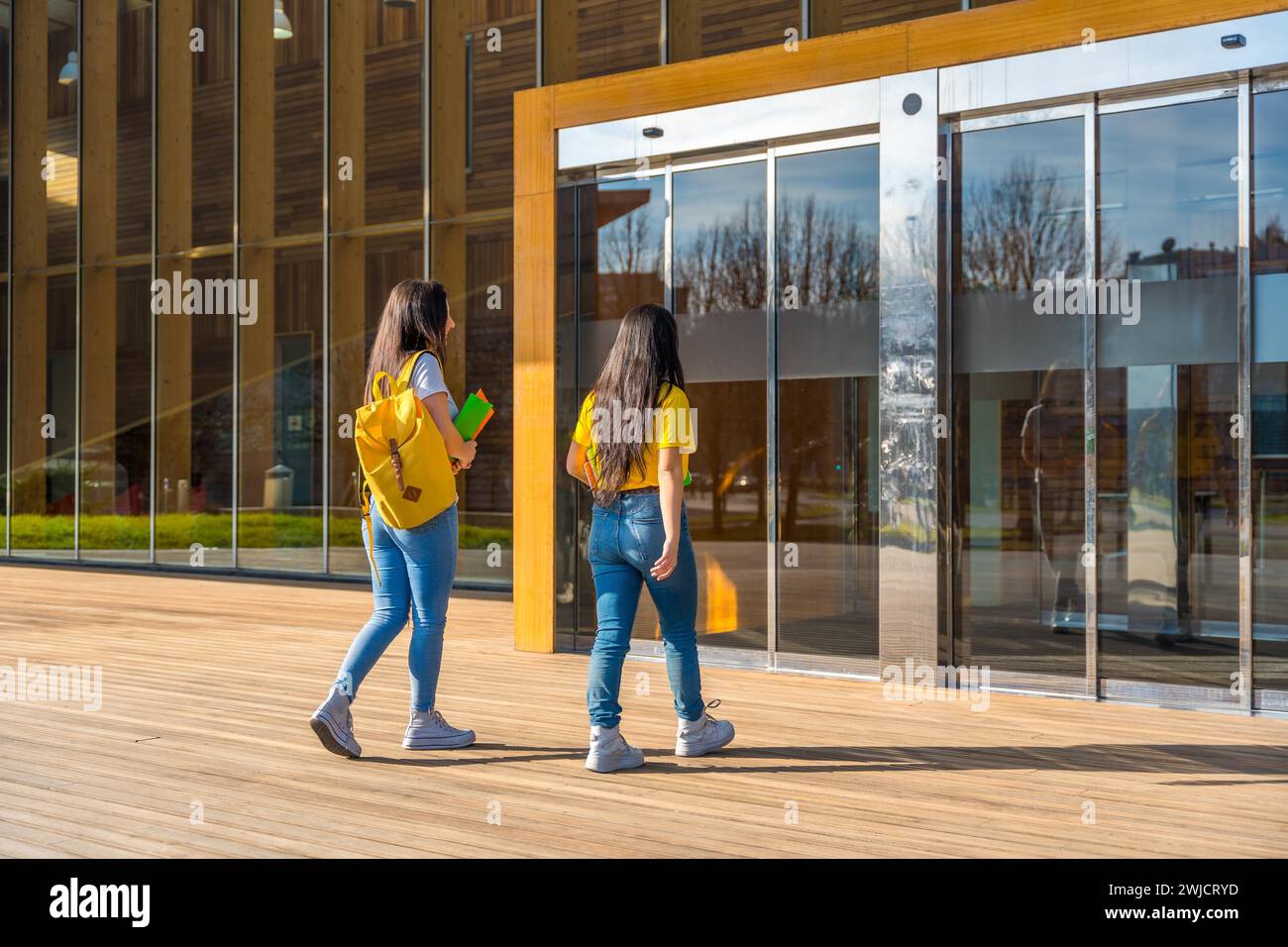 Vista posteriore di due studenti multietnici che frequentano le lezioni a piedi nel campus Foto Stock