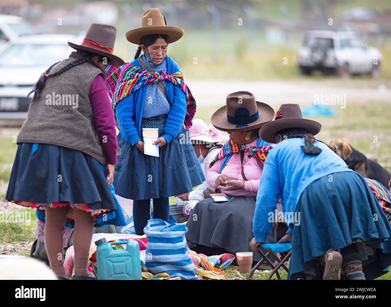 Donna peruviana in costume tradizionale al mercato indigeno di Chinchero, regione di Cusco, Perù Foto Stock