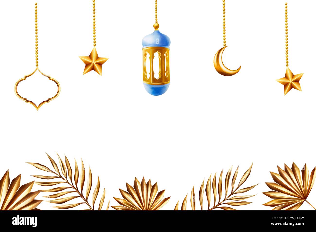 Striscione ad acquerello, modello con illustrazioni di erba pampas dorata, ramo di palma da dattero, luna a mezzaluna dorata araba islamica e lanterna in una catena i Foto Stock