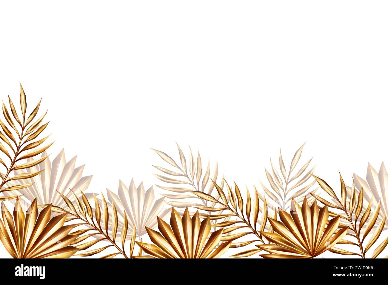 Striscione ad acquerello con ramo dorato della palma da dattero, illustrazione in erba di pampas isolata sullo sfondo. Modello botanico, matrimonio e Ramadan Kareem o ei Foto Stock