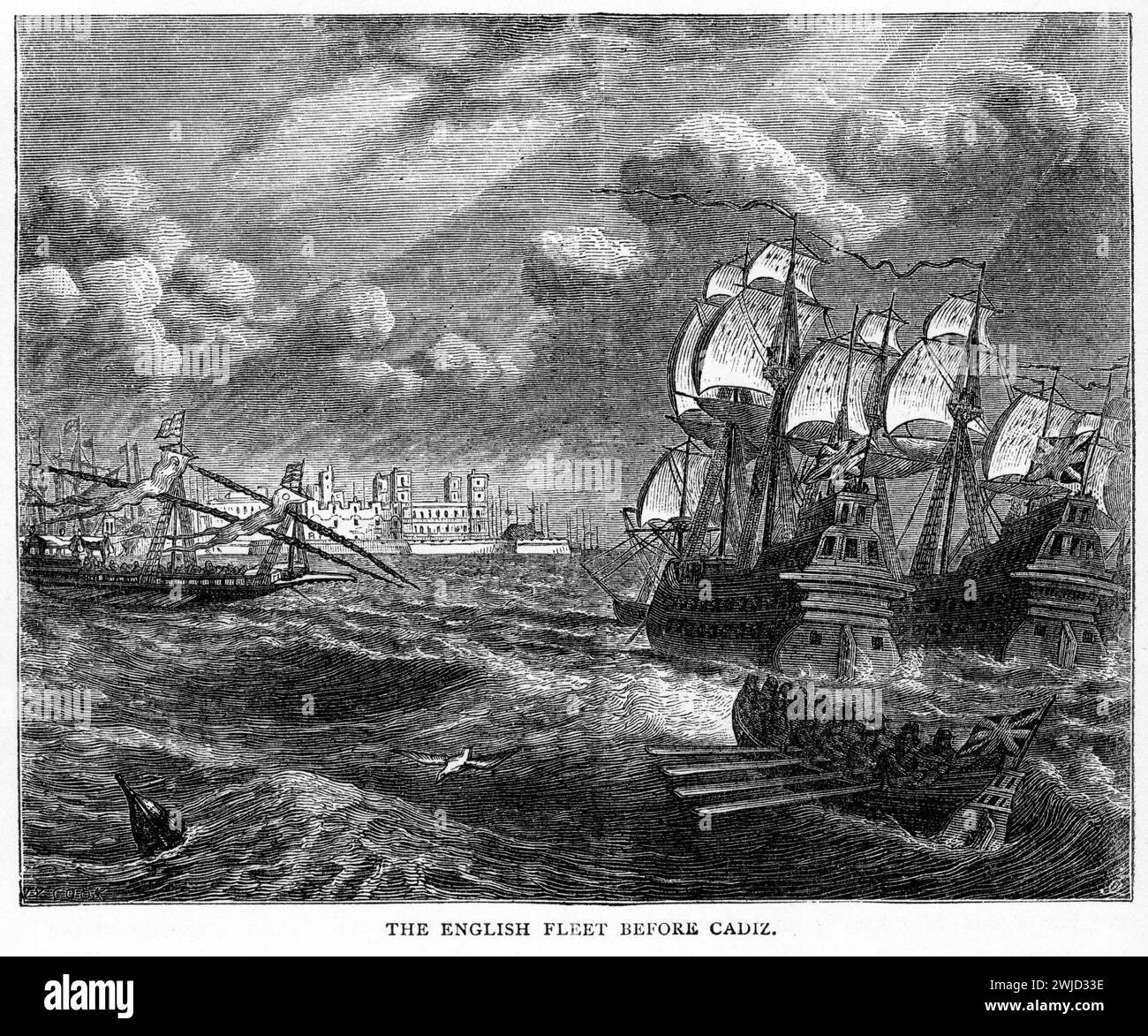 Incisione della flotta inglese prima di Cadice, pubblicata intorno al 1900 Foto Stock